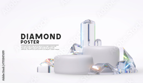 Background with Diamonds with cylindrical podium for promotions. Round stage for presentation sale product. Stage pedestal or platform with crystal gems. Vector illustration