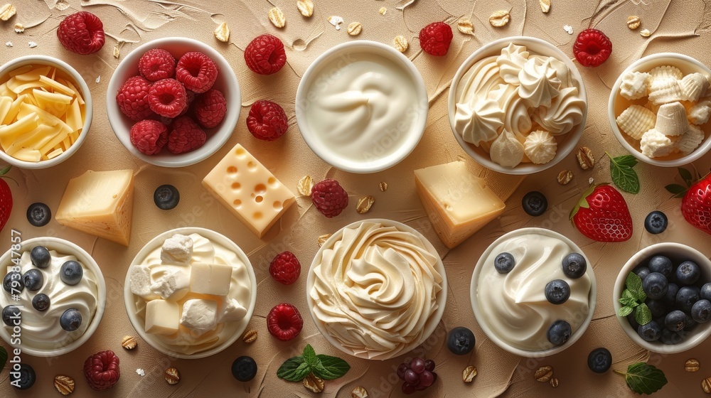 This seamless pattern shows dairy products such as milk, cheese, yogurt, endless food with ice cream, butter, cream, in repeating shapes. It can be used in textile design, wrapping, and fabric - obrazy, fototapety, plakaty 