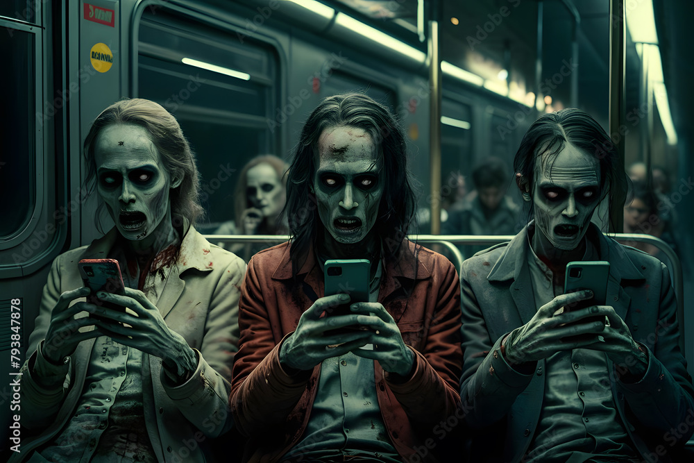 Zombie-Like Commuters Absorbed in Smartphones in Subway Setting Zombie-Like Commuters Absorbed in Smartphones in Subway Setting