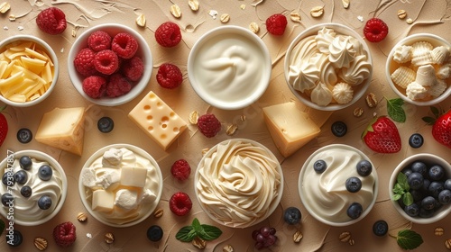 This seamless pattern shows dairy products such as milk, cheese, yogurt, endless food with ice cream, butter, cream, in repeating shapes. It can be used in textile design, wrapping, and fabric