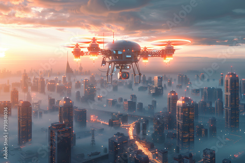 Modern drone with a small package hovers against a sleek smart city skyline muted sunset tones reflecting on polished buildings , 3d illusrtation