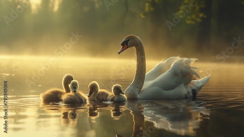 Swan Mother Teaching Her Cygnets to Swim on a Serene Lake, Guiding Them Through the Water with Grace. Early Morning Mist. Motherhood, Maternal Care, Mather's Day. AI Generated photo