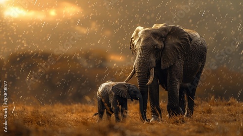 Elephant Mother Sheltering Her Calf Under Her Large Body as Rain Falls Around Them in the Savannah. Maternal Care, Motherhood, Mothers Day. AI Generated