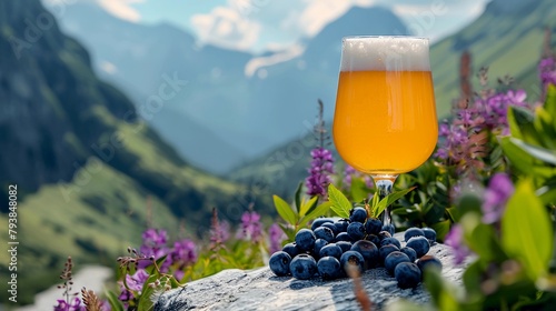 Tall Glass of Blueberry Beer stands on a rough, natural stone table, against the backdrop of a breathtaking mountain range under a clear blue sky. Copy space. AI Generated