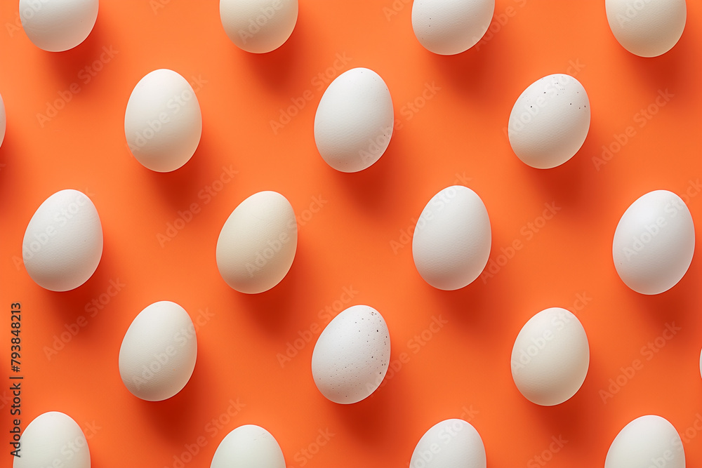 Seamless background of white eggs placed in rows on orange table in studio, top view Seamless background of white eggs placed in rows on orange table in studio, top view