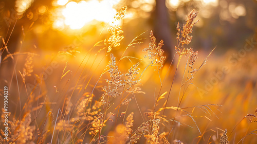 Dry yellow grass in a forest at sunset. Plants swaying