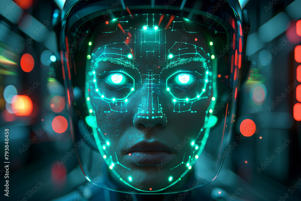 A stern security officers face is scanned by a glowing green biometric facial recognition device in a dimly lit sophisticated control room , 3D illustration A stern security officers face is scanned by a glowing green biometric facial recognition device in a dimly lit sophisticated control room , 3D illustration