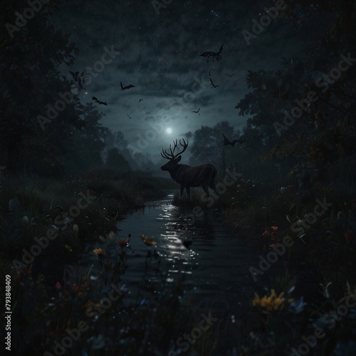 A big magical deer is standing alone by a big tree in the dark forest. © Nikola