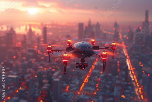 Modern drone with a small package hovers against a sleek smart city skyline muted sunset tones reflecting on polished buildings   3d illusrtation