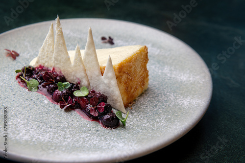Luscious cheesecake slice, berry compote, crisp meringue peaks; a symphony for the senses. Decadence meets design on a speckled ceramic plate. (ID: 793848488)