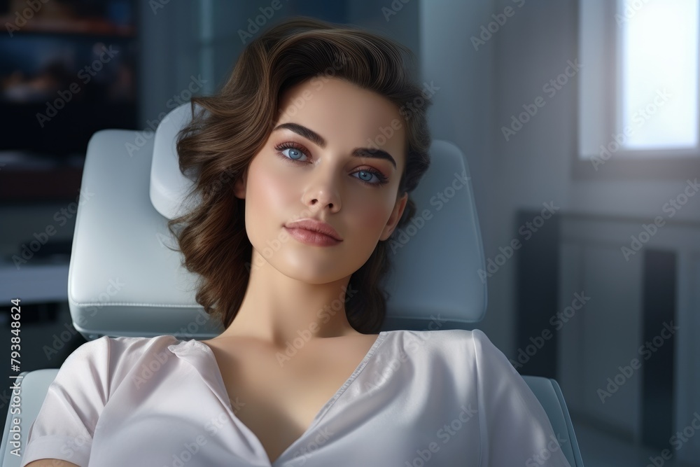 An attractive young woman in beauty salon sitting on a chair for treatments or dentist's chair. An attractive young woman in beauty salon sitting on a chair for treatments or dentist's chair.