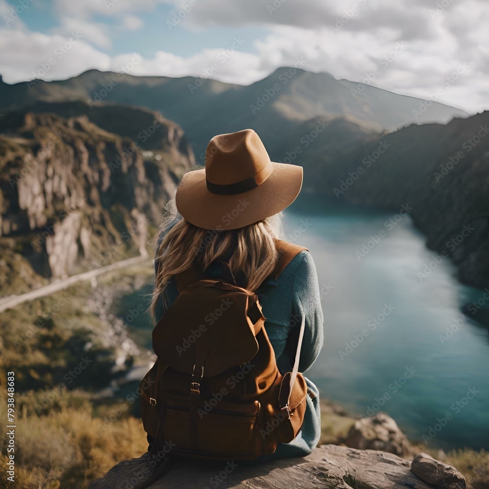 AI generated illustration of a woman in hat and backpack gazing into the distance by a lake