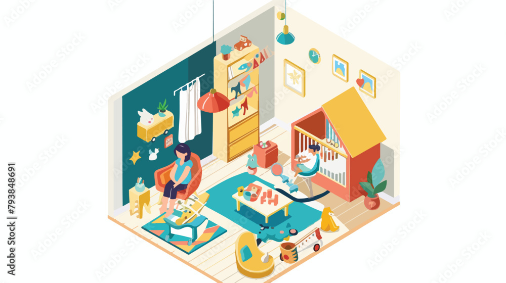 Baby room isometric. colorful composition with nursery