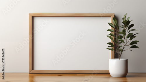 Empty white frame with wooden borders on table. Green plant in pot. Minimalism style mockup. Copy space.