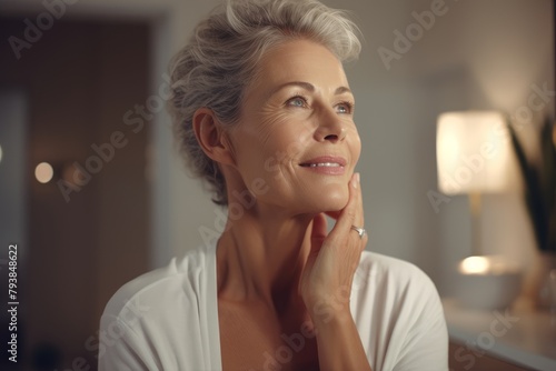 An attractive middle-aged woman in her bedroom. 