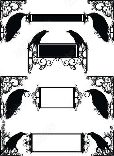 antique style calligraphic ornament forming copy space frame with raven birds holding blank signs -  black and white vector decorative design for witchcraft and sorcery concept