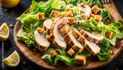 Caesar salad with chicken breast on black background 