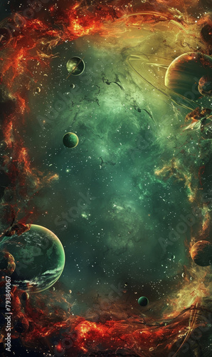 A cosmic scene with multiple planets and mysterious green clouds.