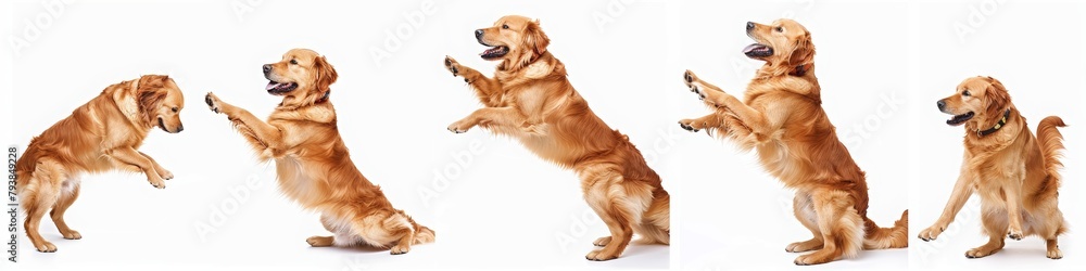 A golden retriever dog is depicted in various poses and expressions, happy with its mouth open, standing on its hind legs, jumping, and sitting on a white background. A golden retriever dog is depicted in various poses and expressions, happy with its mouth open, standing on its hind legs, jumping, and sitting on a white background.