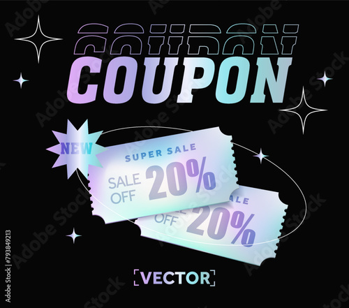 3d couple of hologram coupons with promotional code percentage. Holographic gift voucher template with coupon code and percentage. Special giveway with coupons or vouchers. 3d vector illustration