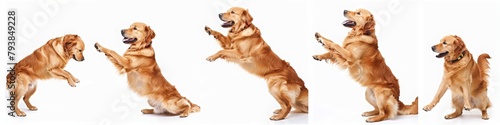 A golden retriever dog is depicted in various poses and expressions  happy with its mouth open  standing on its hind legs  jumping  and sitting on a white background.