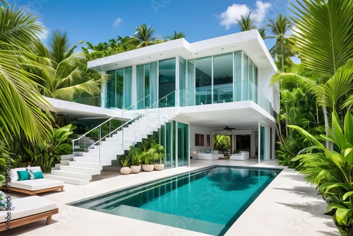 Elegance in Paradise: Tranquil pool setting in a tropical villa, enveloped by vibrant palm trees and a sleek white staircase.