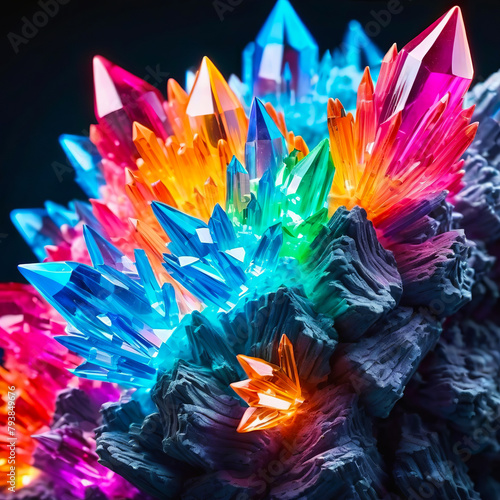 Cluster of colorful fantasy glowing crystals on black background