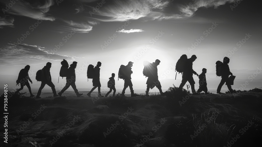 A group of people walking in a single file on a ridge at sunset.
