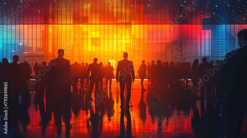 A group of people walking in a futuristic city.