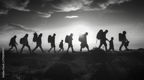 A group of people walking in a single file on a ridge at sunset. © Rattanathip