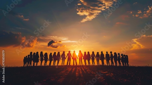 A group of women holding hands in front of a sunset. © Rattanathip
