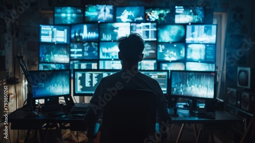 A hacker sits in a dark room in front of multiple computer screens.