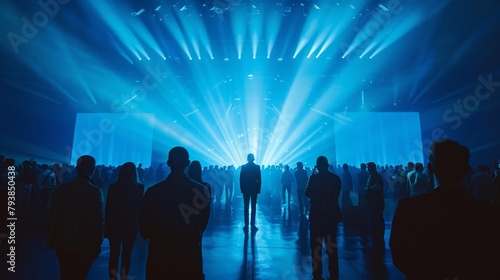 A large crowd of people are watching a bright light on a stage.