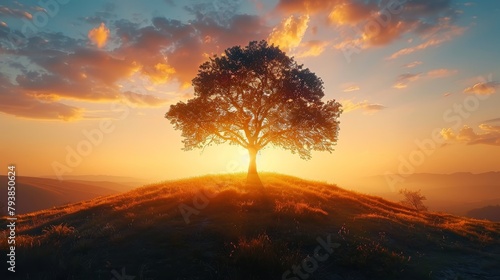 A large tree stands alone on a hill as the sun sets behind it.