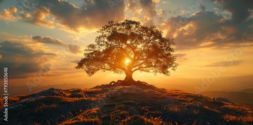 A large tree stands on a hilltop as the sun sets behind it.