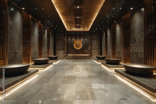Elegant spa interior showcasing circular wall art, ambient lighting, and symmetric marble design for a serene vibe photo