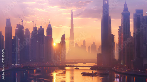 Dubai downtown skyline with modern skyscrapers at sunset