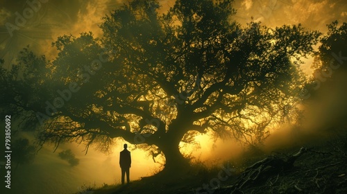 A large tree with a man standing in front of it. © Rattanathip