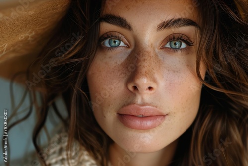 Detailed portrait of a woman with captivating blue eyes and a smattering of beautiful freckles photo