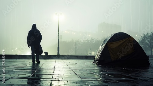 A lone figure stands in the rain, looking at a tent.