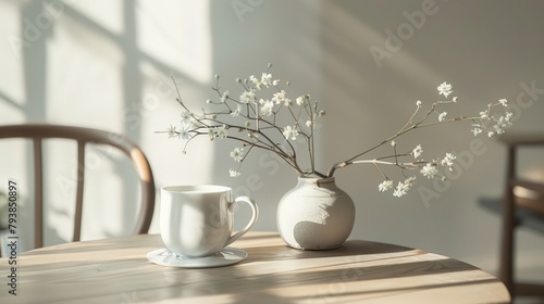 Decorative ceramic vases flower interior decoration on wooden table, vintage tone scandinavian house style. photo