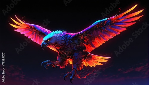red neon light glowing flying eagle on plain black background from Generative AI