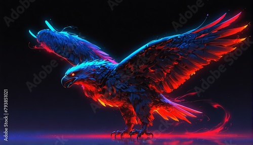 red neon light glowing flying eagle on plain black background from Generative AI