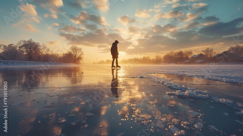 A lonely figure ice skating across a frozen lake at sunset.