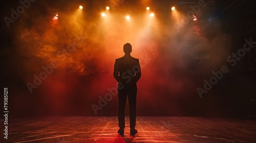A magician standing on a stage with his back to the audience  there is a spotlight on him.