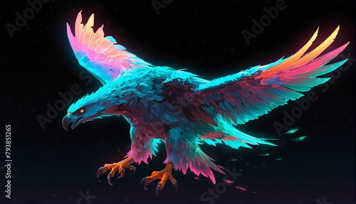 teal neon light glowing flying eagle on plain black background from Generative AI