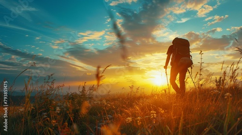 A man hiking up a hill at sunset