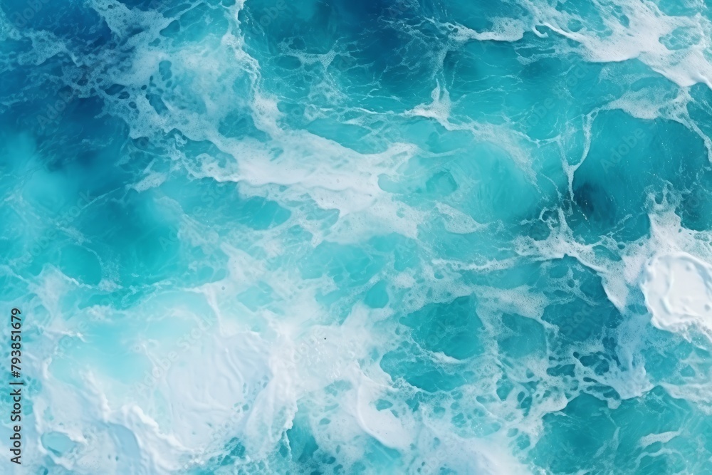 Blue ocean waves with foam, summer background, top view.