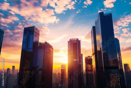 City Skyline at Sunset  With Skyscrapers Silhouetted Against The Colorful Sky and Golden Light Reflecting off Glass Facades  Generative AI