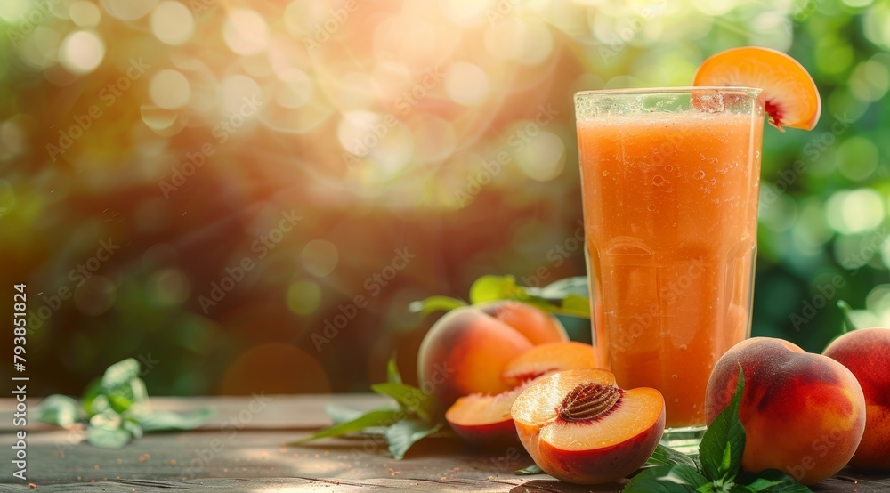 Peach smoothie in glass with fresh peaches on wooden table against blurred background of nature summer garden. Space for text. Peach smoothie in glass with fresh peaches on wooden table against blurred background of nature summer garden. Space for text.